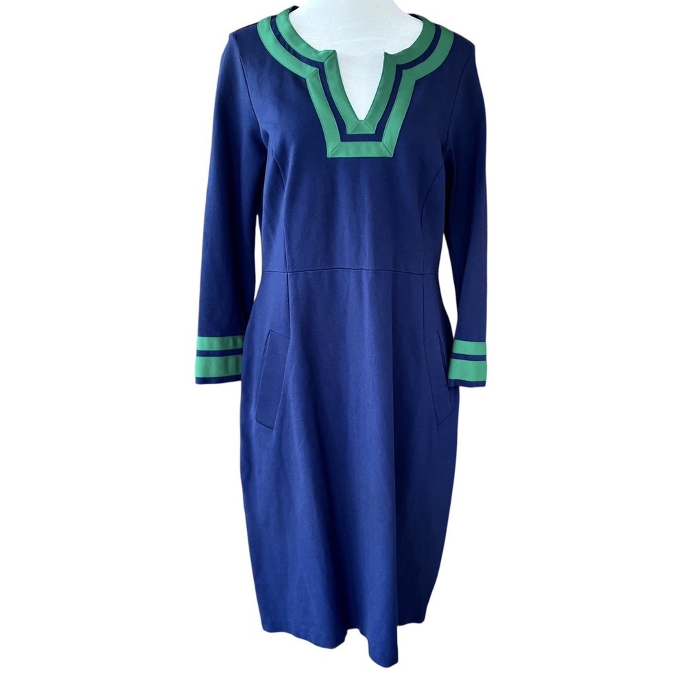Lands End Navy Ponte Knit Dress Womens 10 Pockets Sheath Long Sleeves Career‎